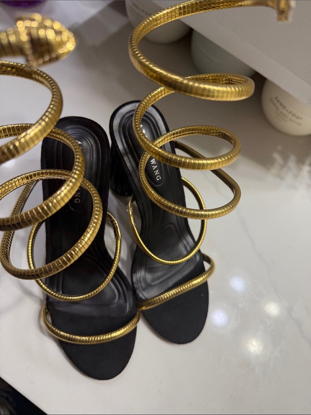 BRAND NEW! Azalea Wang Gold Spiral Strap Black Heels